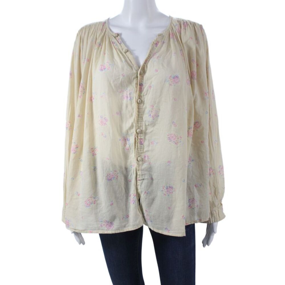 Laurence Bras Women Floral V-Neck Tunic Blouse Beige 3/4 Sleeve Cotton Size S